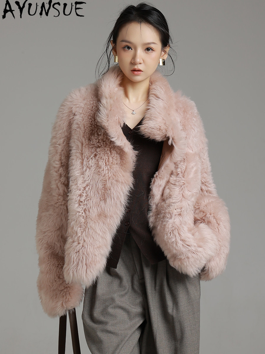 Wool Coat Peacoat - AYUNSUE Natural Tuscany Sheepskin Fur Coat