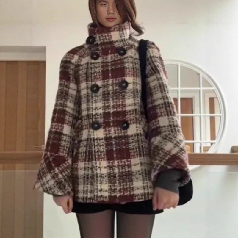 Wool Coat Peacoat - Warm Checkered Turtleneck Shoulder Straight Coat