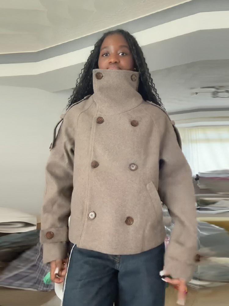 Stand Collar Short Brown Women - Wool Coat Peacoat ulasan dan harga