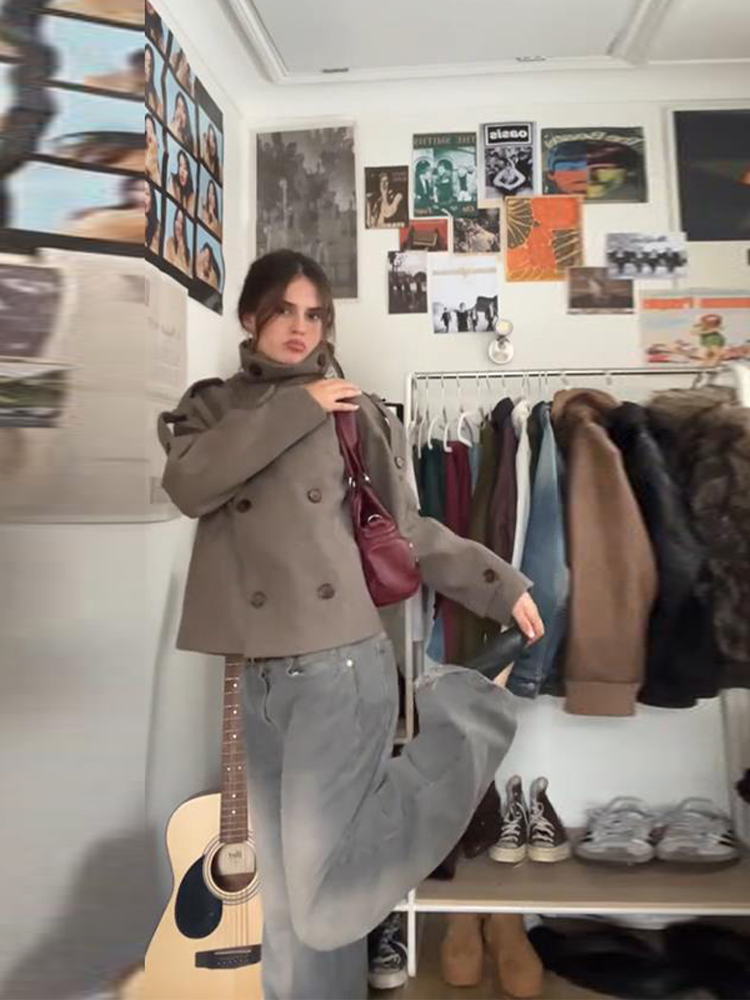Stand Collar Short Brown Women - Wool Coat Peacoat ulasan dan harga