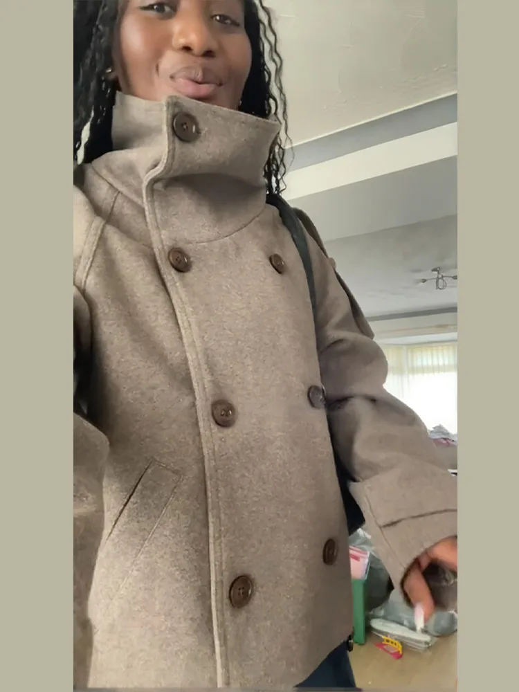 Stand Collar Short Brown Women - Wool Coat Peacoat ulasan dan harga